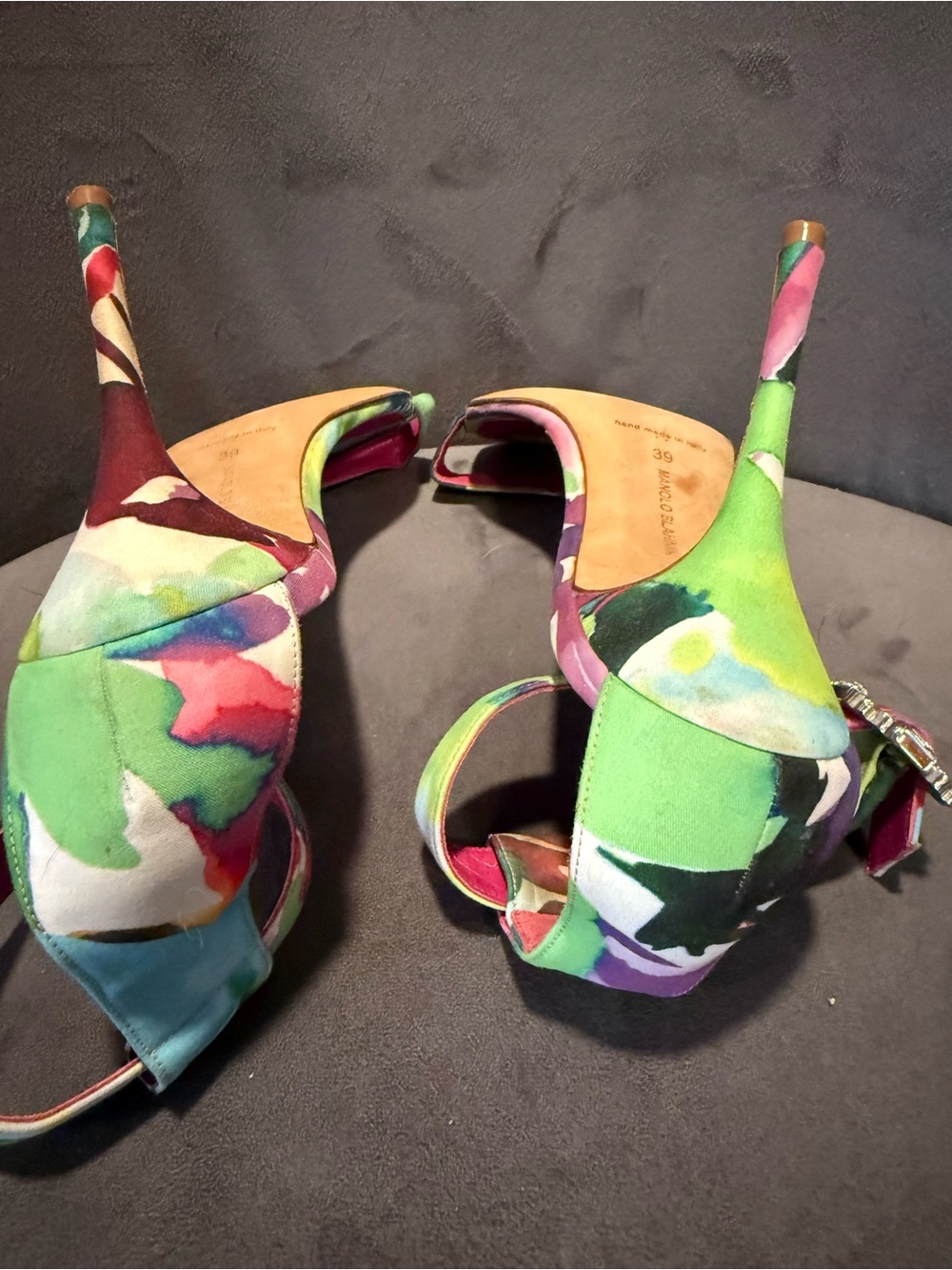 Manolo Blahnik Multicolor Satin Ankle-Strap Sandals with Pink Footbed - Picture 13 of 13